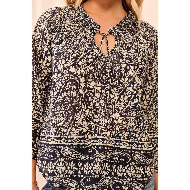 Floral Smocked Neck Tassel-Tie Long Puff Sleeve Blouse