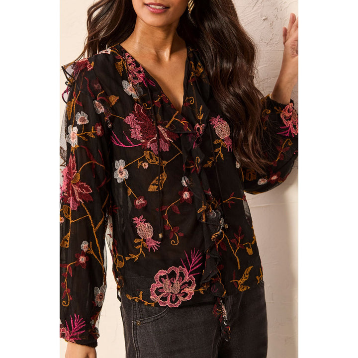 Floral Embroidered V-Neck Blouse w/ Frills