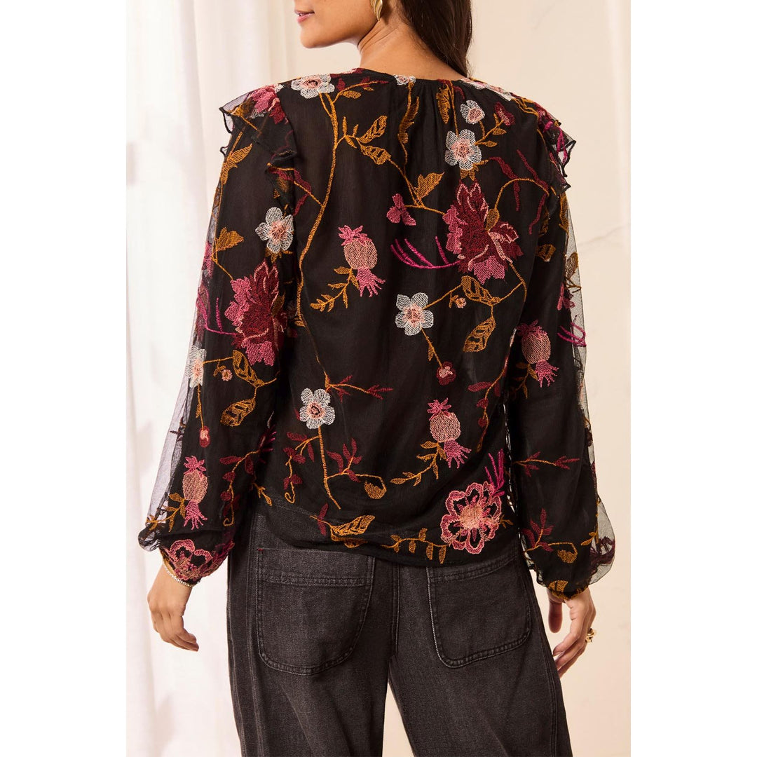 Floral Embroidered V-Neck Blouse w/ Frills