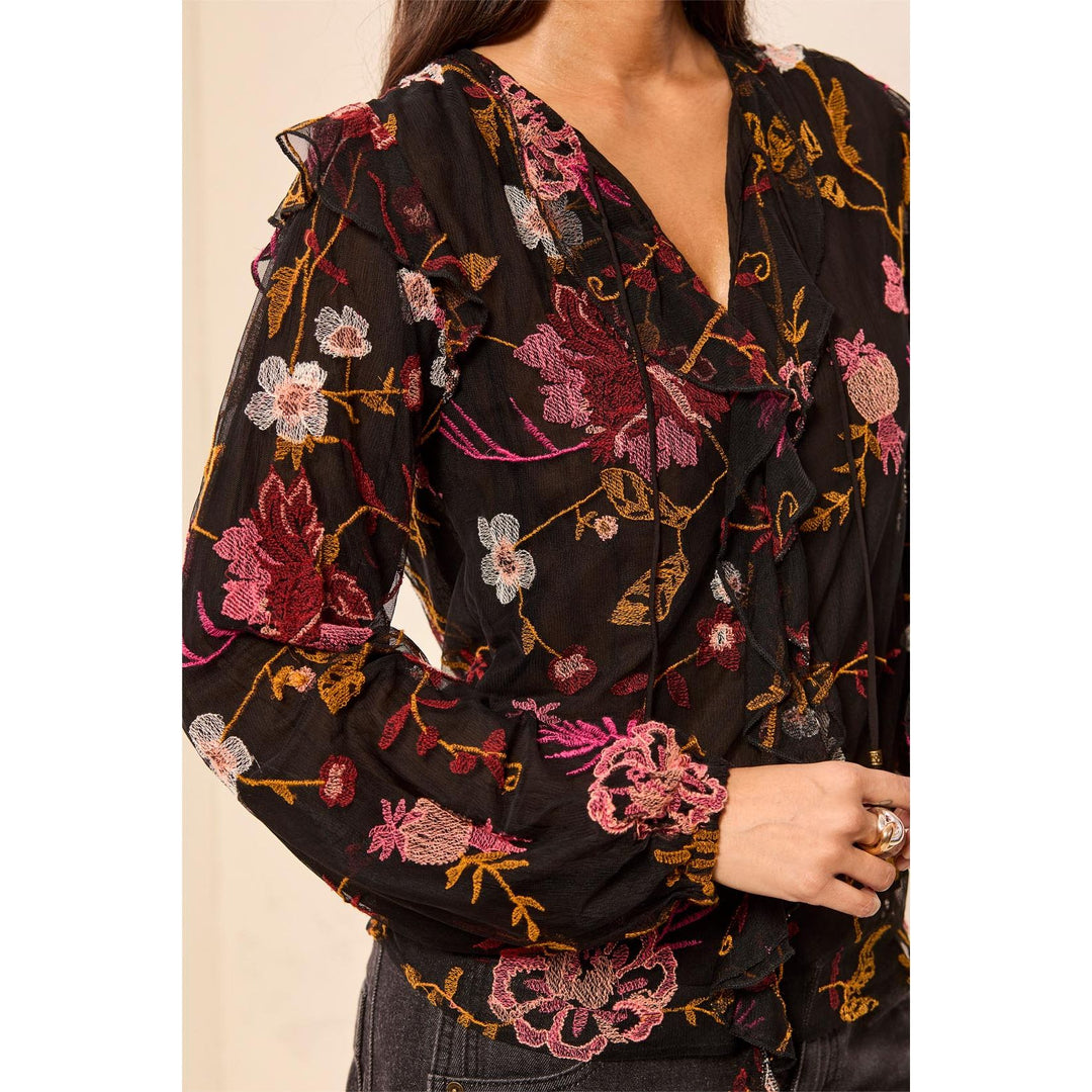 Floral Embroidered V-Neck Blouse w/ Frills