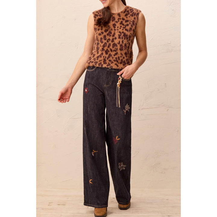Audrey Embroidered Wide Denim w/ Charm