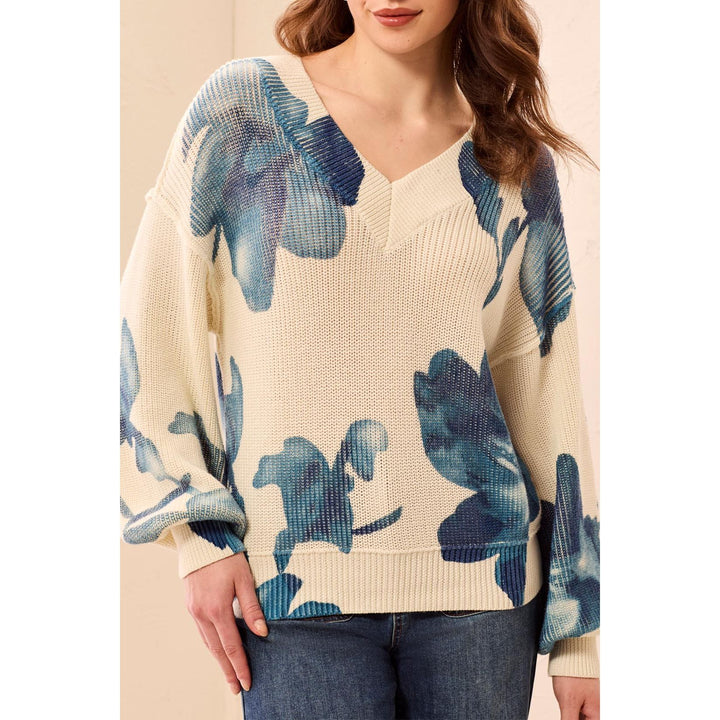 Puff Sleeve Printed V-Neck Sweater
