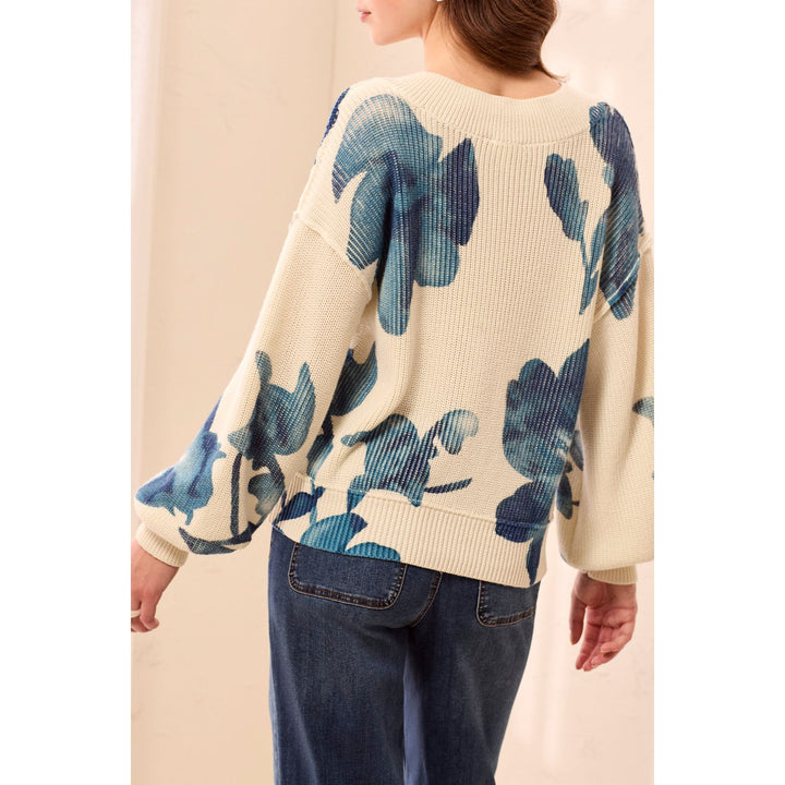 Puff Sleeve Printed V-Neck Sweater