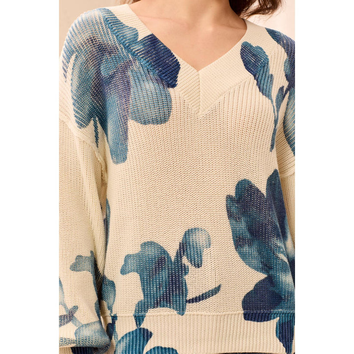 Puff Sleeve Printed V-Neck Sweater
