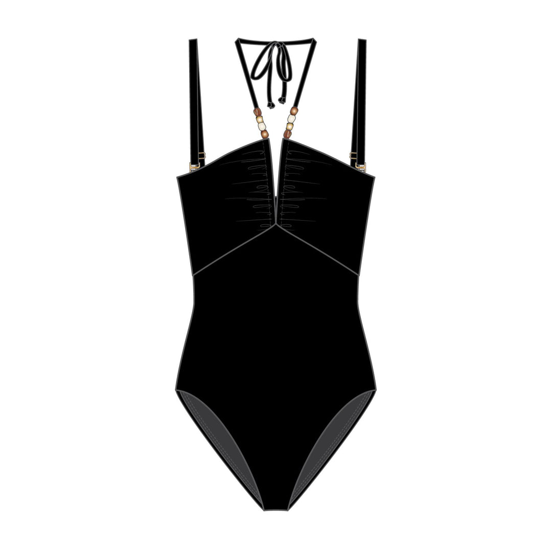 UPF 50+ Beaded Halter Ruched One-Piece Swimsuit