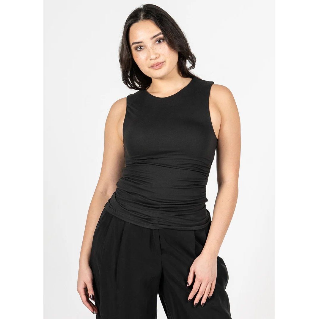 Ruched Sleeveless Crew Neck Top