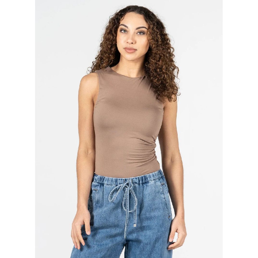 Ruched Sleeveless Crew Neck Top