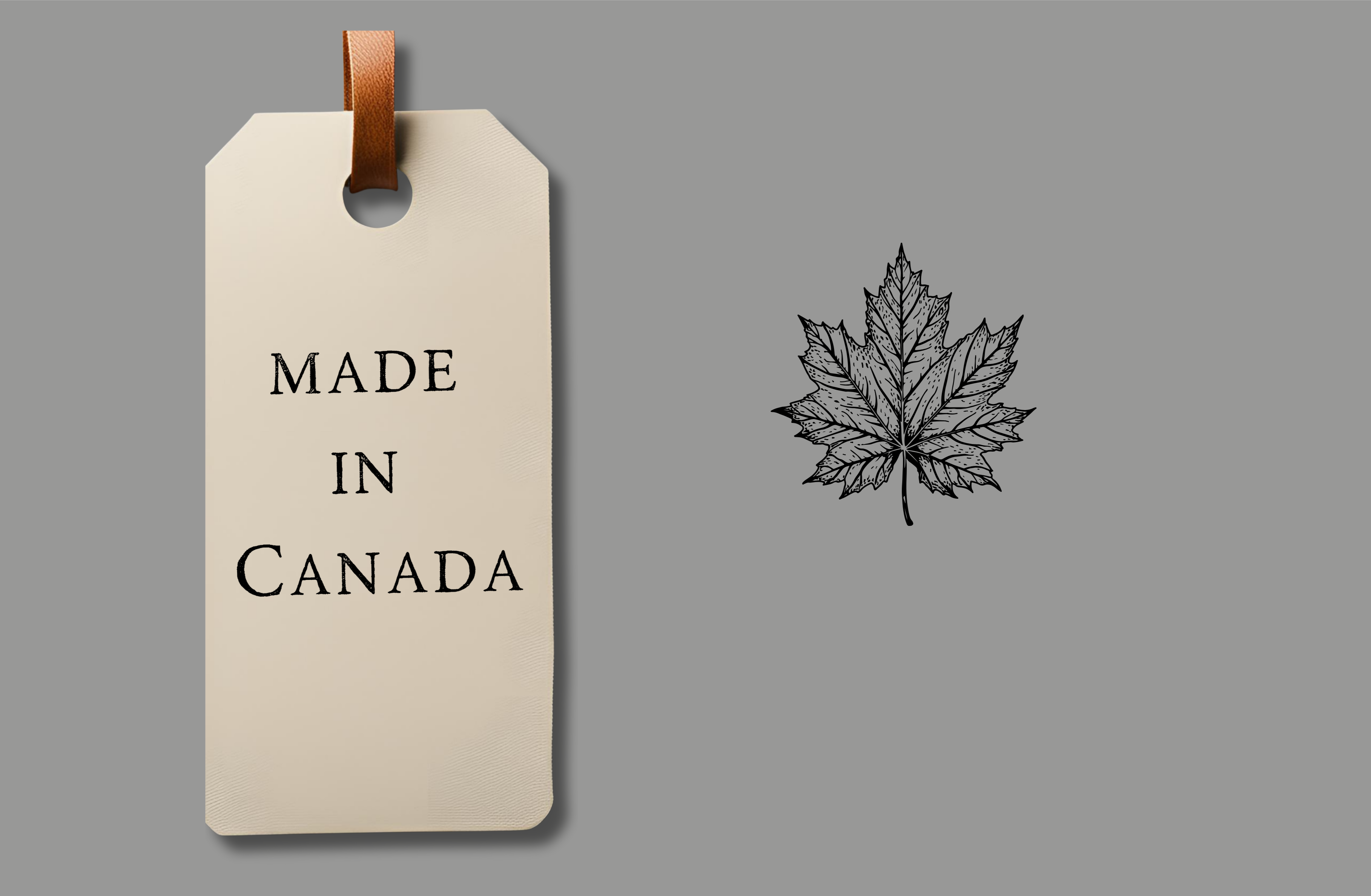 Tag with 'Made in Canada' text and a maple leaf symbol on a gray background