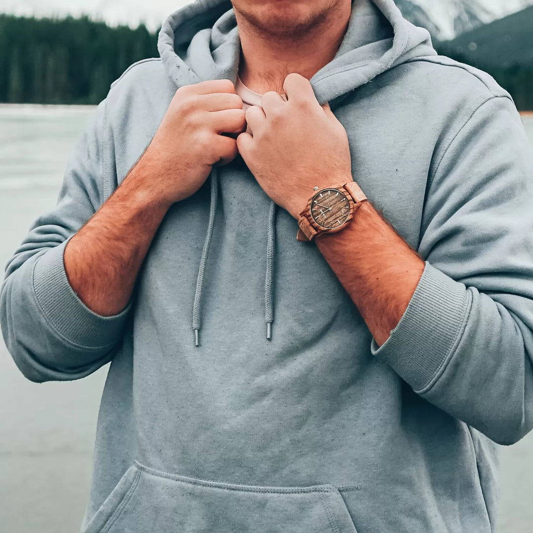 Men’s Zebra Wood Watch with cork strap styled on the wrist