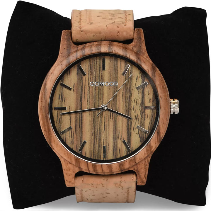GOWOOD Zebra Wood Watch displayed on a watch cushion