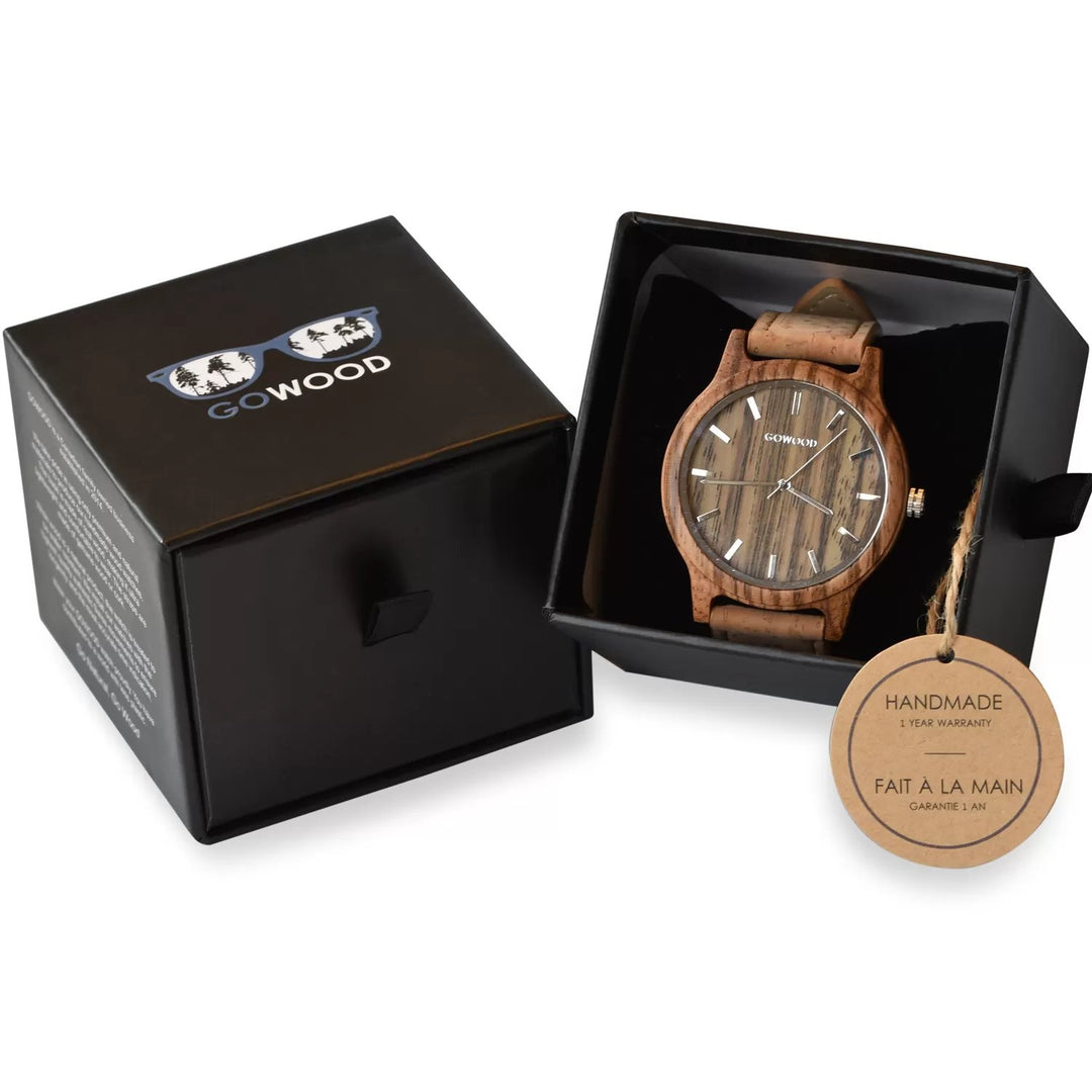 Zebra Wood Watch gift set with natural cork strap