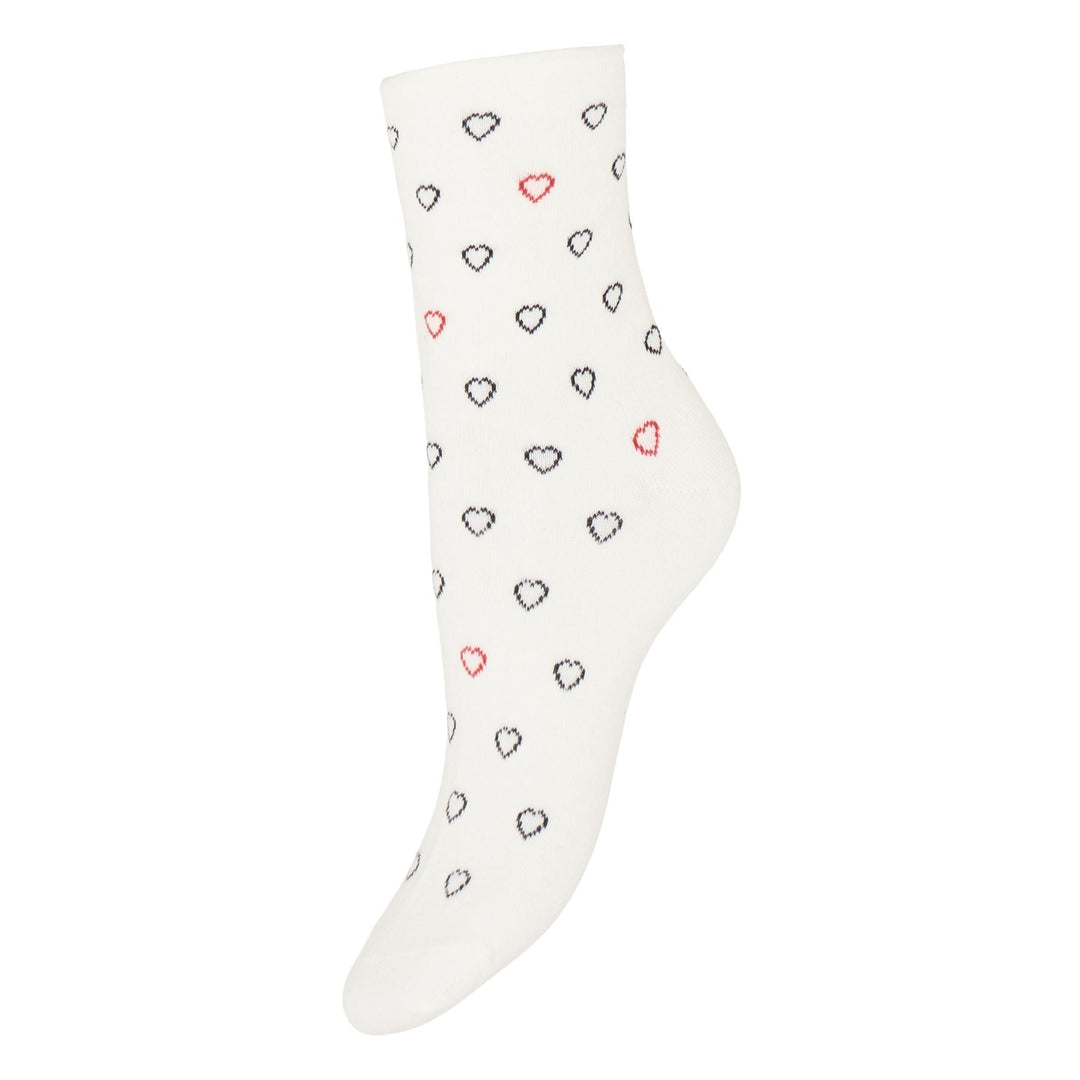 White sock with black and red heart patterns on a white background