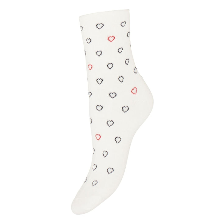 White sock with black and red heart patterns on a white background