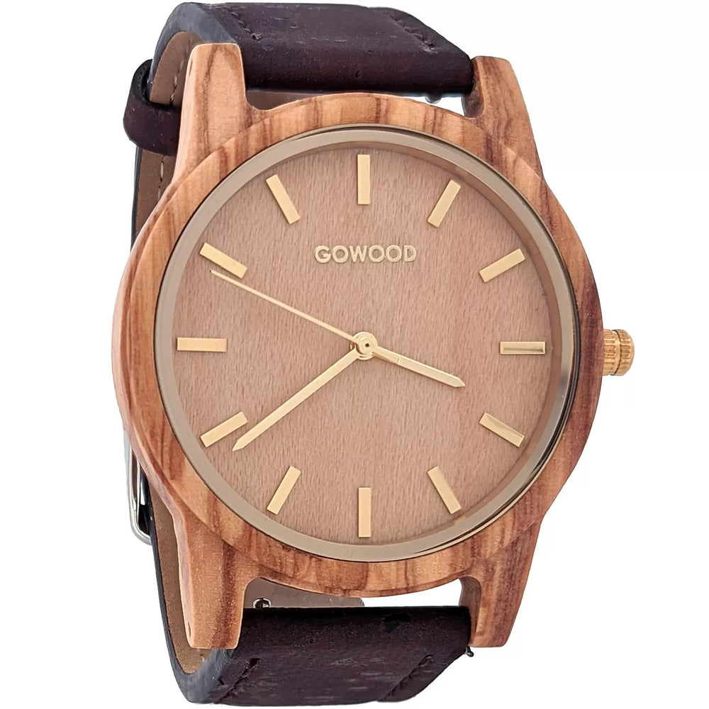 Side view of the GOWOOD Olive Wood Watch and cork strap