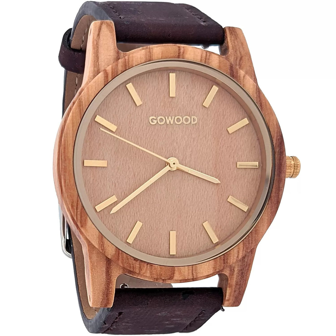Side view of the GOWOOD Olive Wood Watch and cork strap