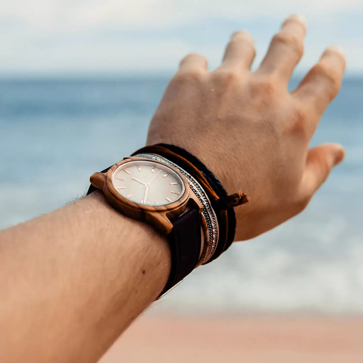 Olive Wood Watch with cork strap styled on the wrist