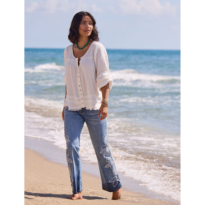 Crinkle Gauze Button-Front Balloon Sleeve Frayed Hem Blouse