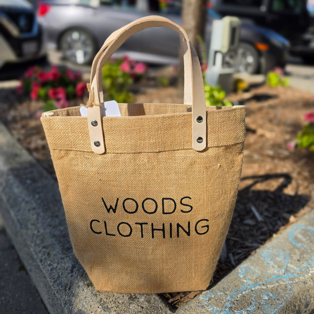 Woods Clothing Mini Market Bag with Uxbridge lettering and natural leather handles