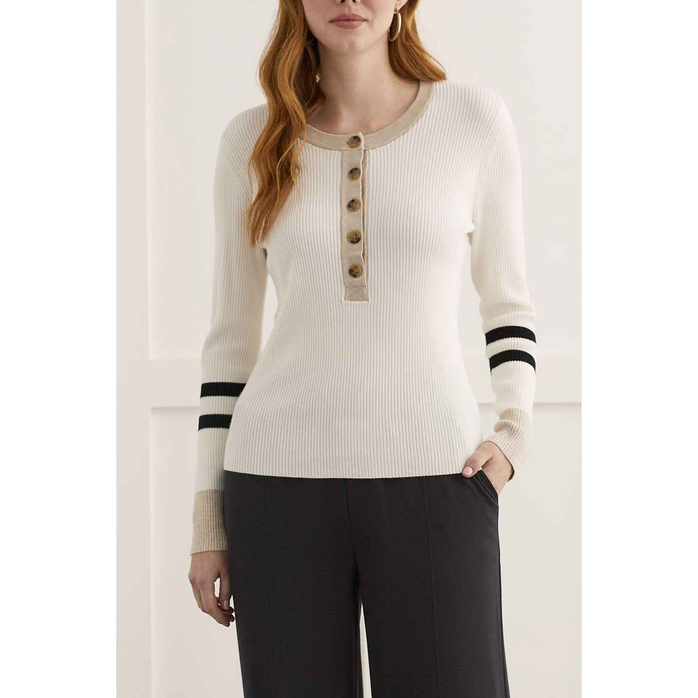 Striped Sleeve Henley Sweater
