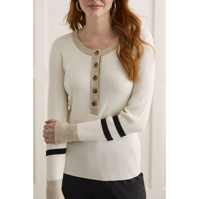 Striped Sleeve Henley Sweater