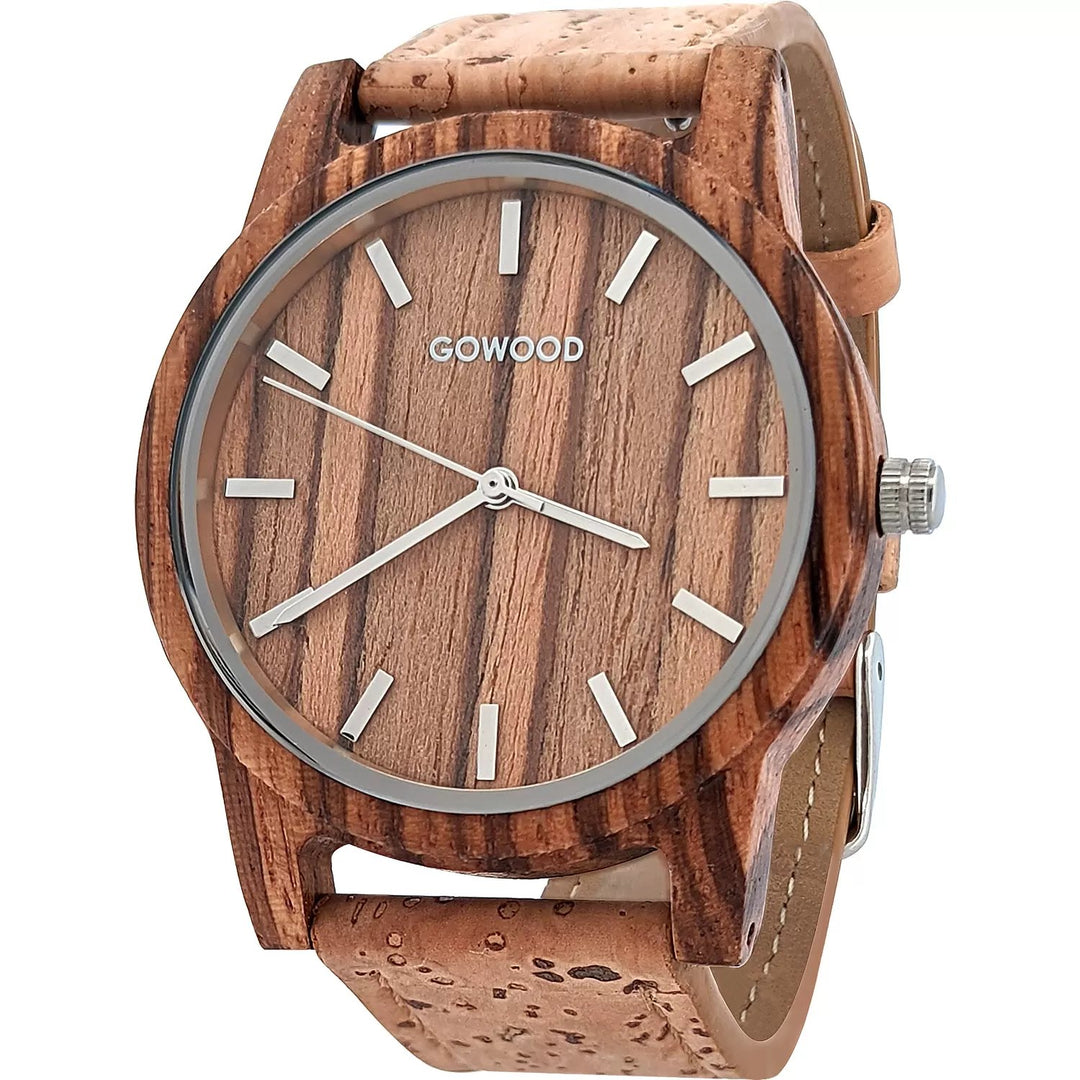 GOWOOD Zebra Wood Watch with a natural cork strap